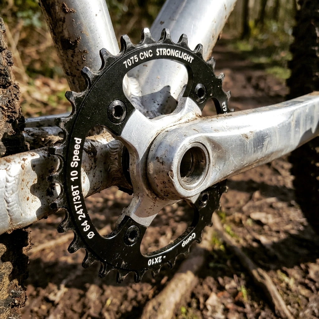 Nahaufnahme: Schwarzes Stronglight Kettenblatt CT2 (24Z, 64mm, 4-Arm) an verschmutzter Mountainbike-Kurbel.
