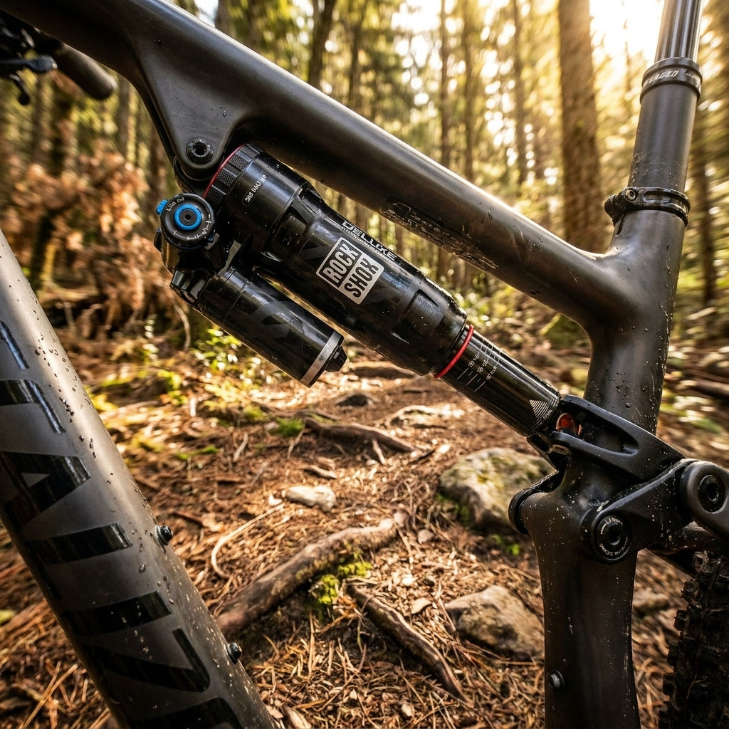 Schwarzer RockShox Super Deluxe Ultimate Dämpfer für Specialized Epic Evo Mountainbikes, im Detail auf Bike im Wald.