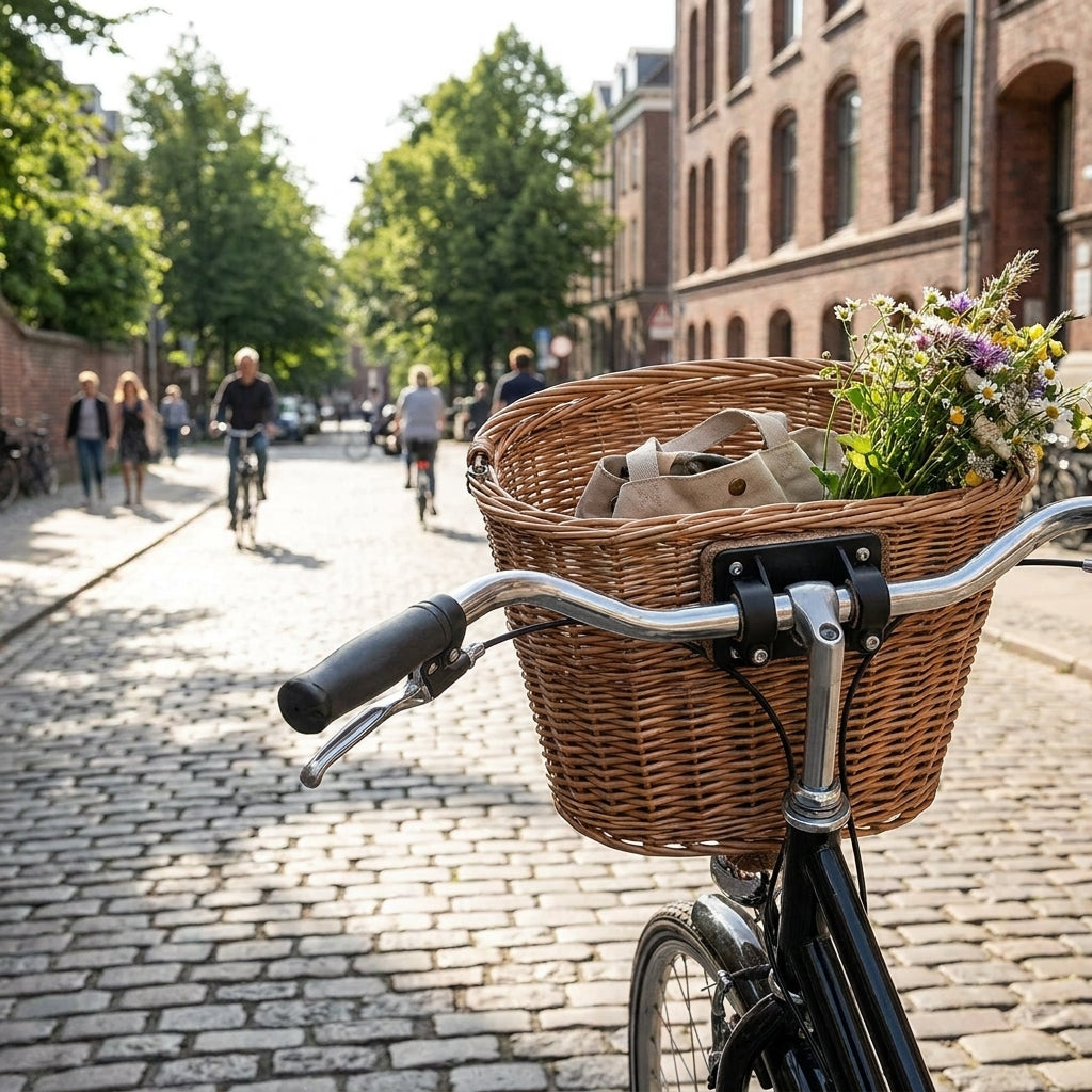 Basil Halter für Vorderradkorb Lenkerbefestigung Ø 25,4mm am Fahrrad mit Blumenkorb auf Straße.