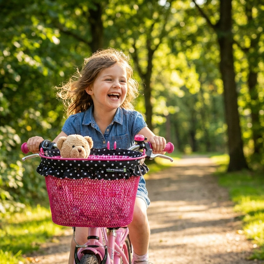 Mädchen lacht auf pinkem Fahrrad mit Basil Kinderfahrradkorb Jasmin Baboushka Pink und Teddy im Korb.