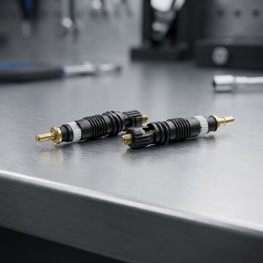 Schwalbe SV V002 Sclaverand Ventileinsätze schwarz, Ersatzteil für Presta-Ventile auf Werkbank.