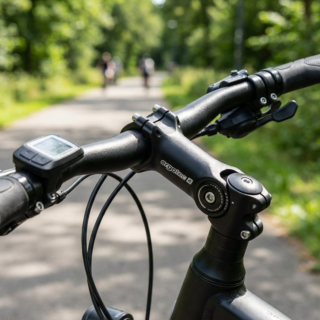 Schwarzer Ergotec Octopus 2 Vorbau Level 4, winkelverstellbar mit 4-Schrauben-Klemmung am Fahrrad.