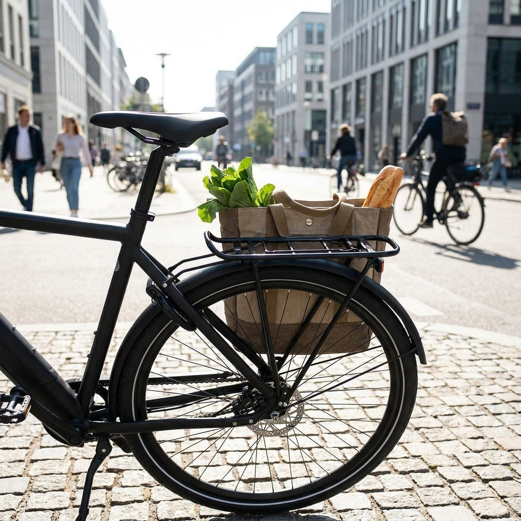 AtranVelo City Gepäckträger Alu schwarz mit AVS-System am Fahrrad, beladen mit Einkäufen in der Stadt.