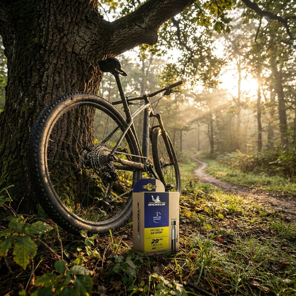Michelin Airstop 29 Zoll Fahrradschlauch neben Mountainbike im sonnigen Wald.