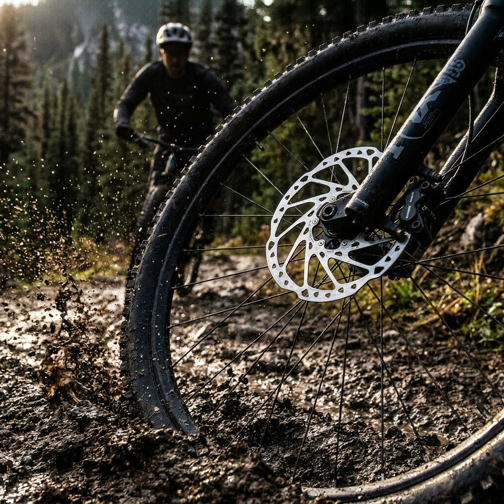 Shimano SM-RT64 180mm Centerlock Bremsscheibe am Mountainbike im Schlamm für starke, zuverlässige Bremsleistung.