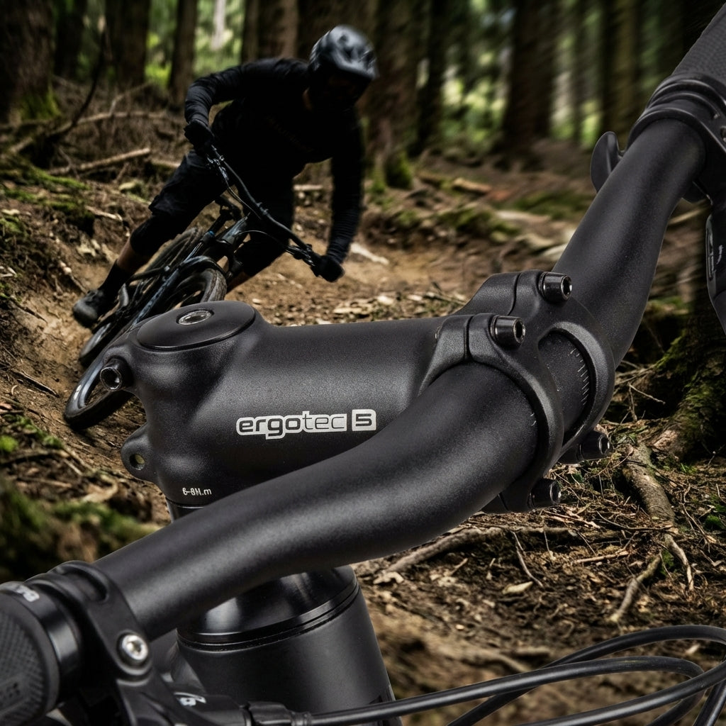 Ergotec AHEAD Vorbau Shark Alu schwarz an Mountainbike, Fahrer auf Waldweg im Wald im Hintergrund.