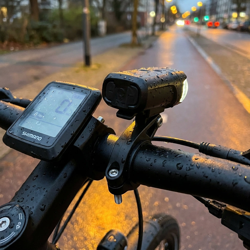 Nasser Busch & Müller Bumm Scheinwerfer am Lenker mit Shimano Display auf feuchtem Fahrrad.