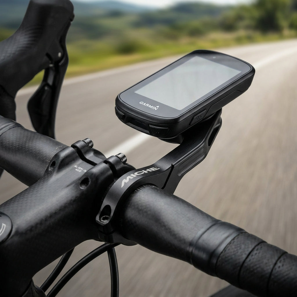 Miche Computerhalter Alu Schwarz für Garmin & Wahoo Rennrad. Ultraleicht (30g) & CNC-gefräst. Perfekt für gewichtsbewusste Radfahrer.