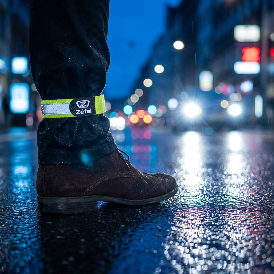 Zefal Hosenband Doowah neon gelb mit Reflexstreifen am Bein für Sichtbarkeit in der Stadt bei Nacht.