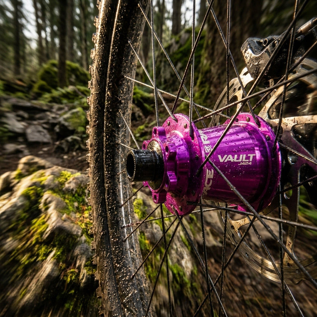 Lila Race Face Vault High-Performance Hinterradnabe am Mountainbike im schlammigen Wald.