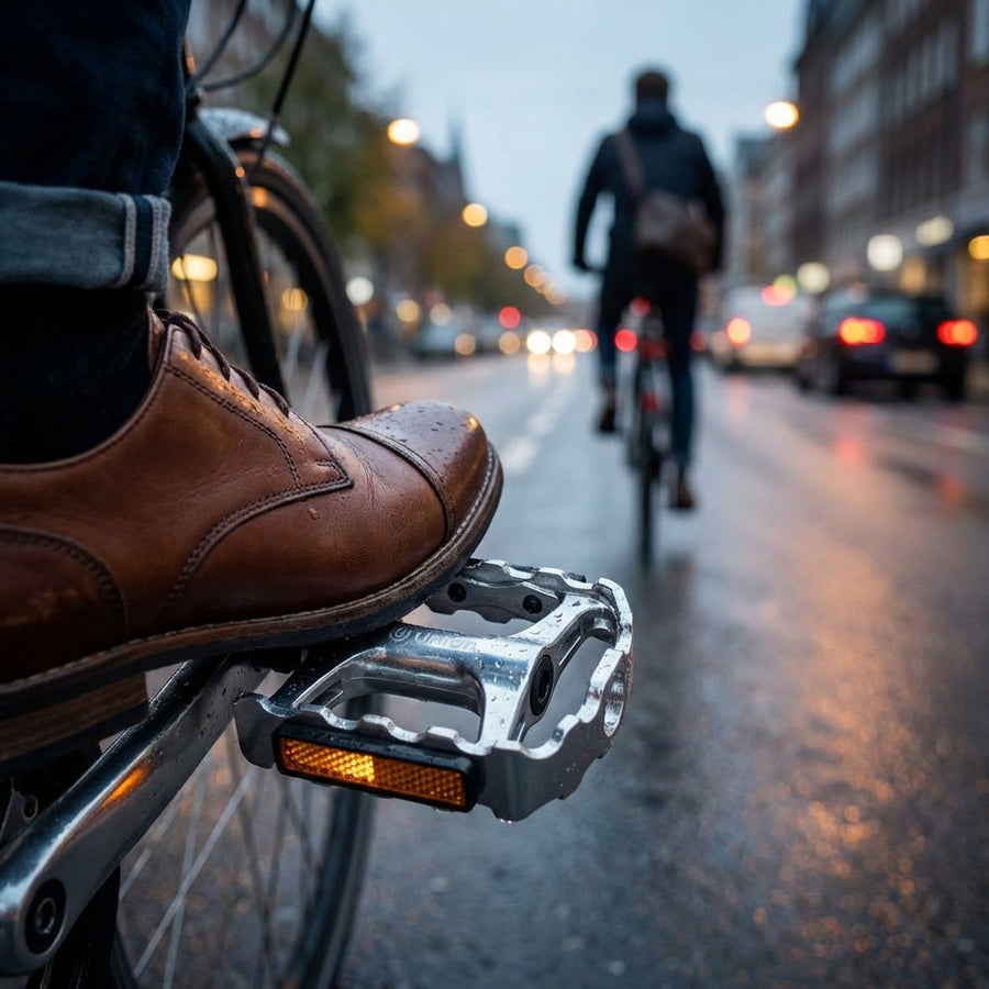 Union SP-2160 Aluminium Fahrradpedale, silber, mit Reflektoren und breiter Plattform am Rad im Regen.