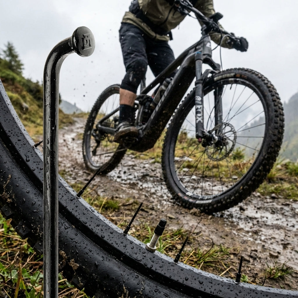 Hochstabile DT Swiss Alpine III E-Bike Speiche in Schwarz, detailreich mit Regentropfen, E-Bike fährt im Hintergrund.