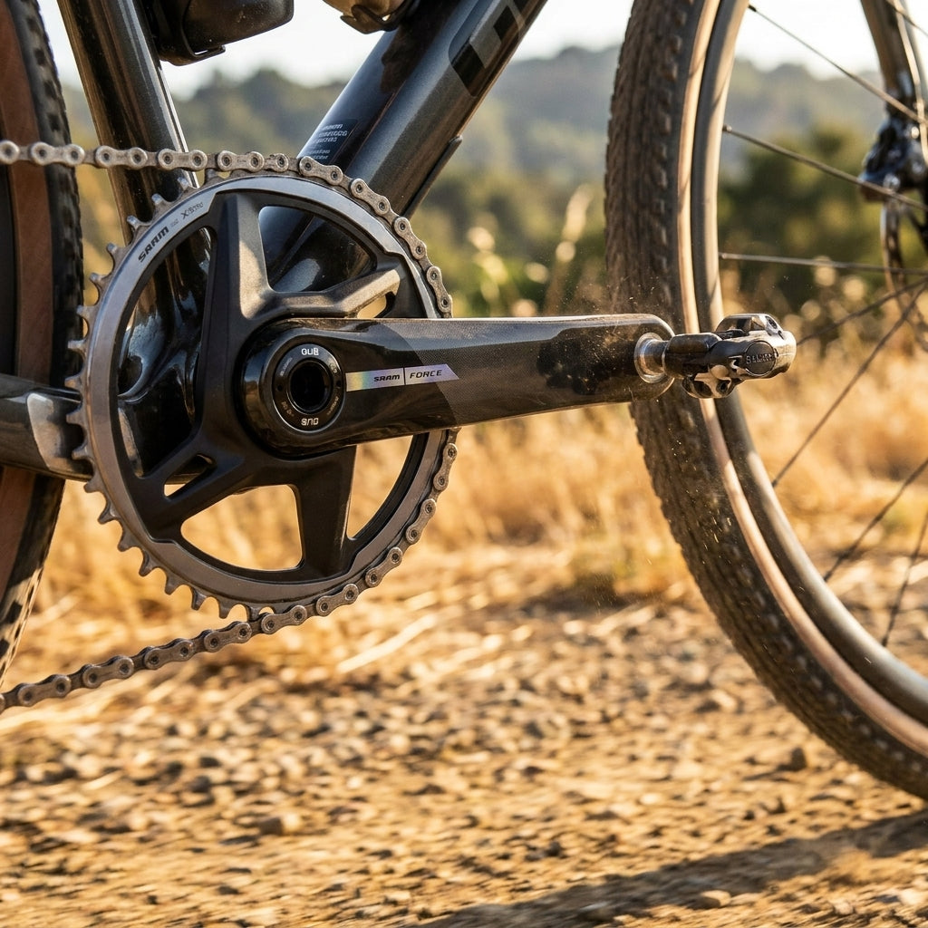 SRAM Force 1 AXS Powermeter Kurbel (40Z, DUB) am Gravelbike auf Schotterweg für präzise Leistungsmessung.
