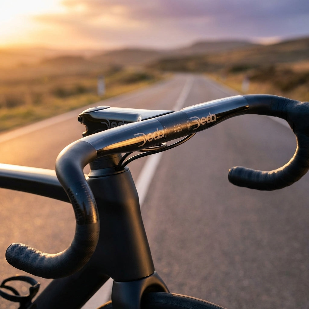 Deda Lenker Superzero DCR Alu 460 mm, polish on black, an Rennrad auf Straße bei Sonnenuntergang.