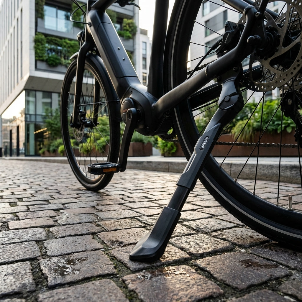 URSUS King Evo Fahrradständer, schwarz, Alu, verstellbar 24-28 Zoll, am E-Bike auf Kopfsteinpflaster.