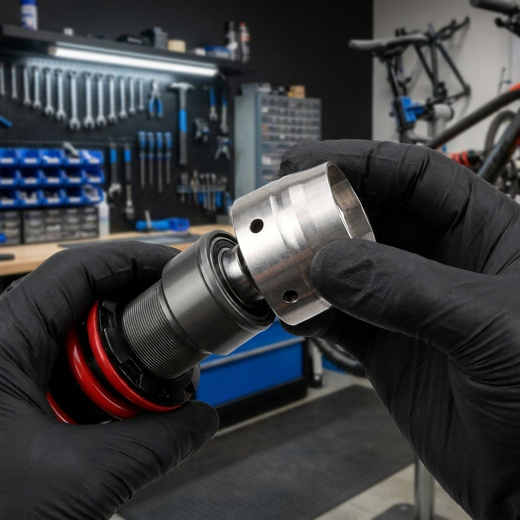 Hände verwenden Rockshox Lageradapter Einsatzwerkzeug 8x30 26mm für Fahrrad-Stoßdämpfer.