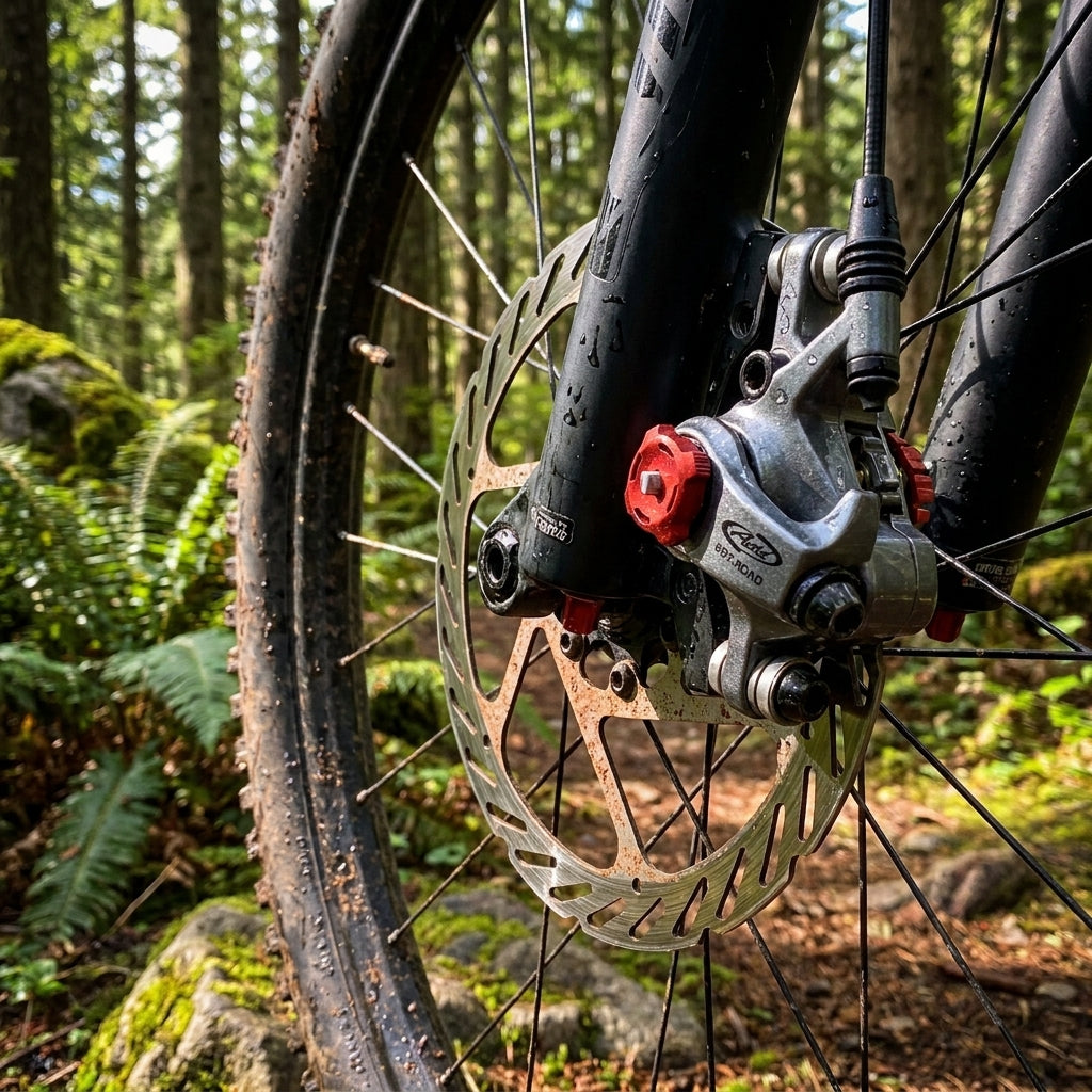 Avid BB7 MTB mechanische Scheibenbremse graphitgrau mit 180mm Scheibe am Mountainbike auf Waldweg.