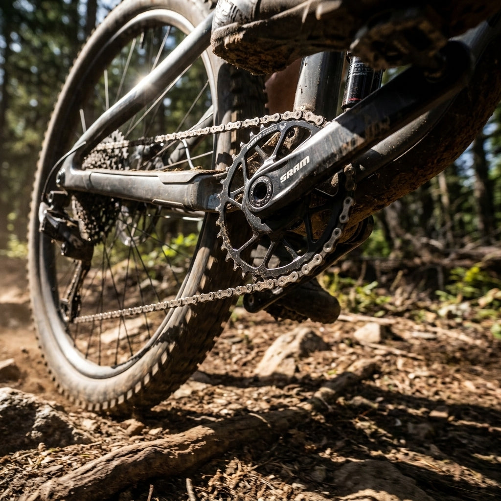 Robustes SRAM T-Type Eagle S1000 30T Stahl Kettenblatt am MTB auf schlammigem Trail für modernen Antrieb.
