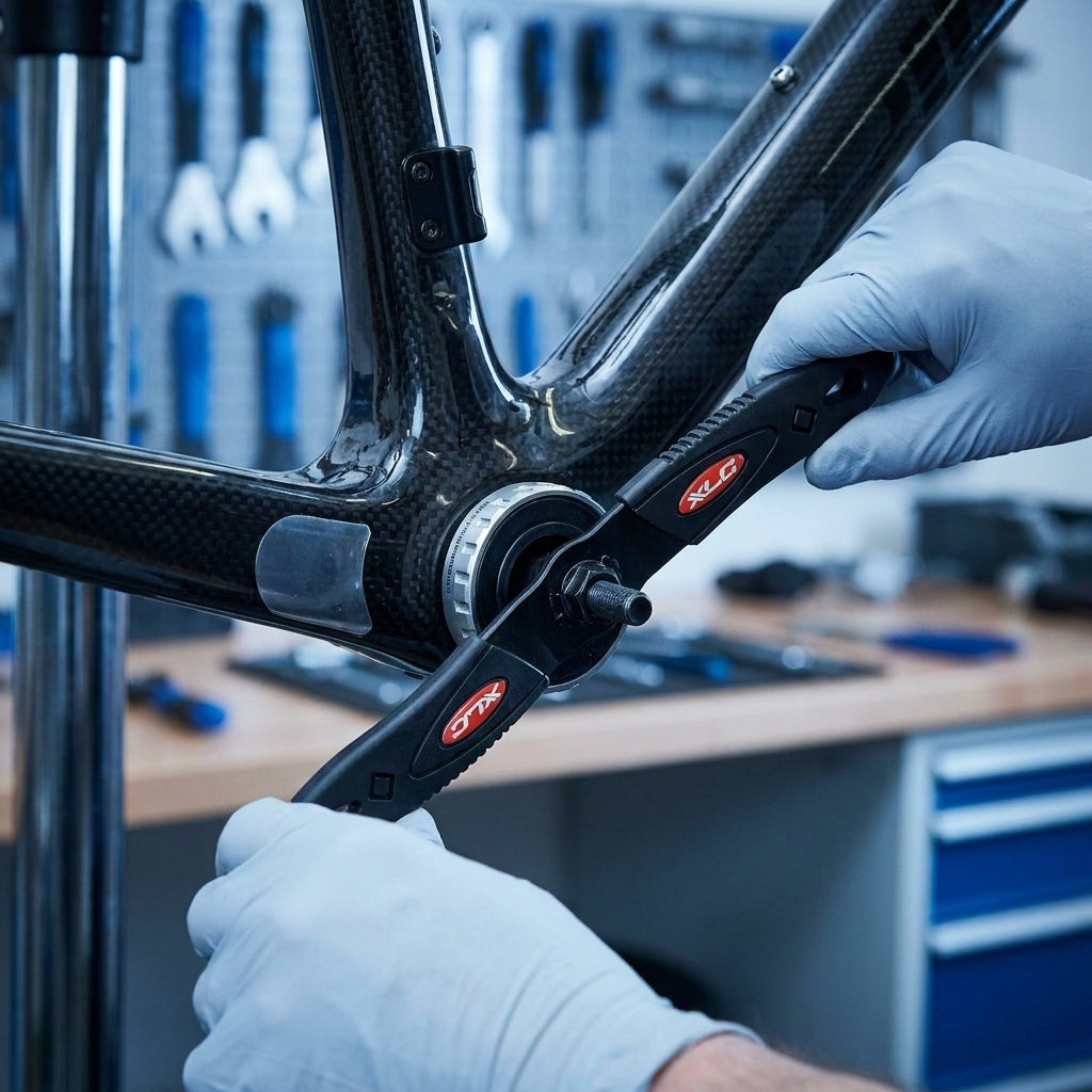 XLC Innenlagerwerkzeug TO-S08 presst Innenlager in einen Carbon-Fahrradrahmen.
