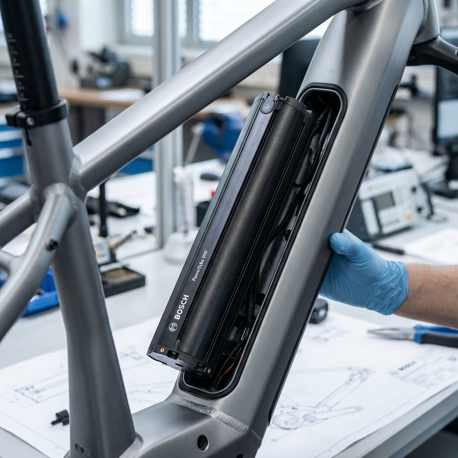 Bosch Dummy PowerTube 500 horizontal wird in E-Bike-Rahmen eingesetzt, zeigt optimale Passform.