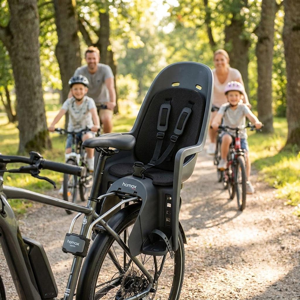 Hamax Zenith Fahrradkindersitz mit schwarzem Polster am Fahrrad, Familie fährt im Hintergrund.