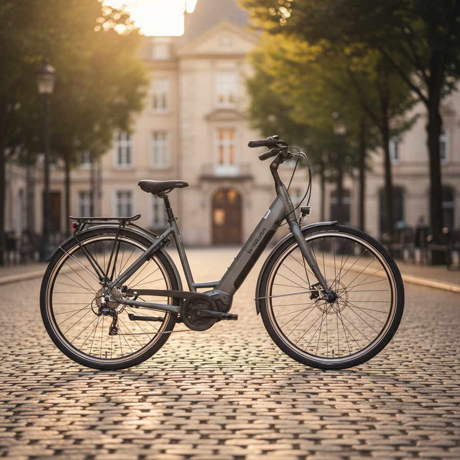Winora TRIA R8 LOW E-Bike in Steingrau, Tiefeinsteiger, 500Wh Akku, 8-Gang Nexus. Perfekt für Stadt und Freizeit.