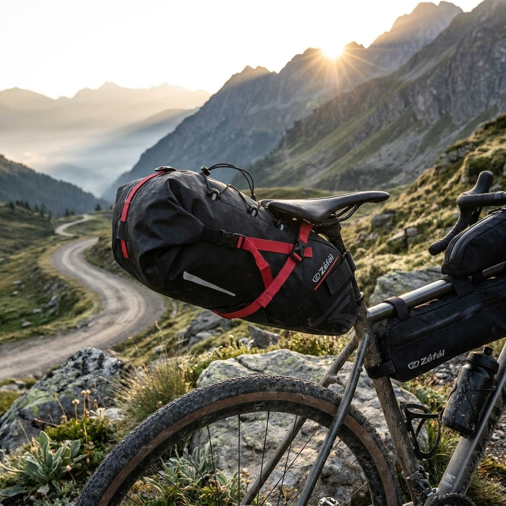 Zefal Z Adventure R17 Satteltasche schwarz 17l am Gravelbike in den Bergen bei Sonnenaufgang.