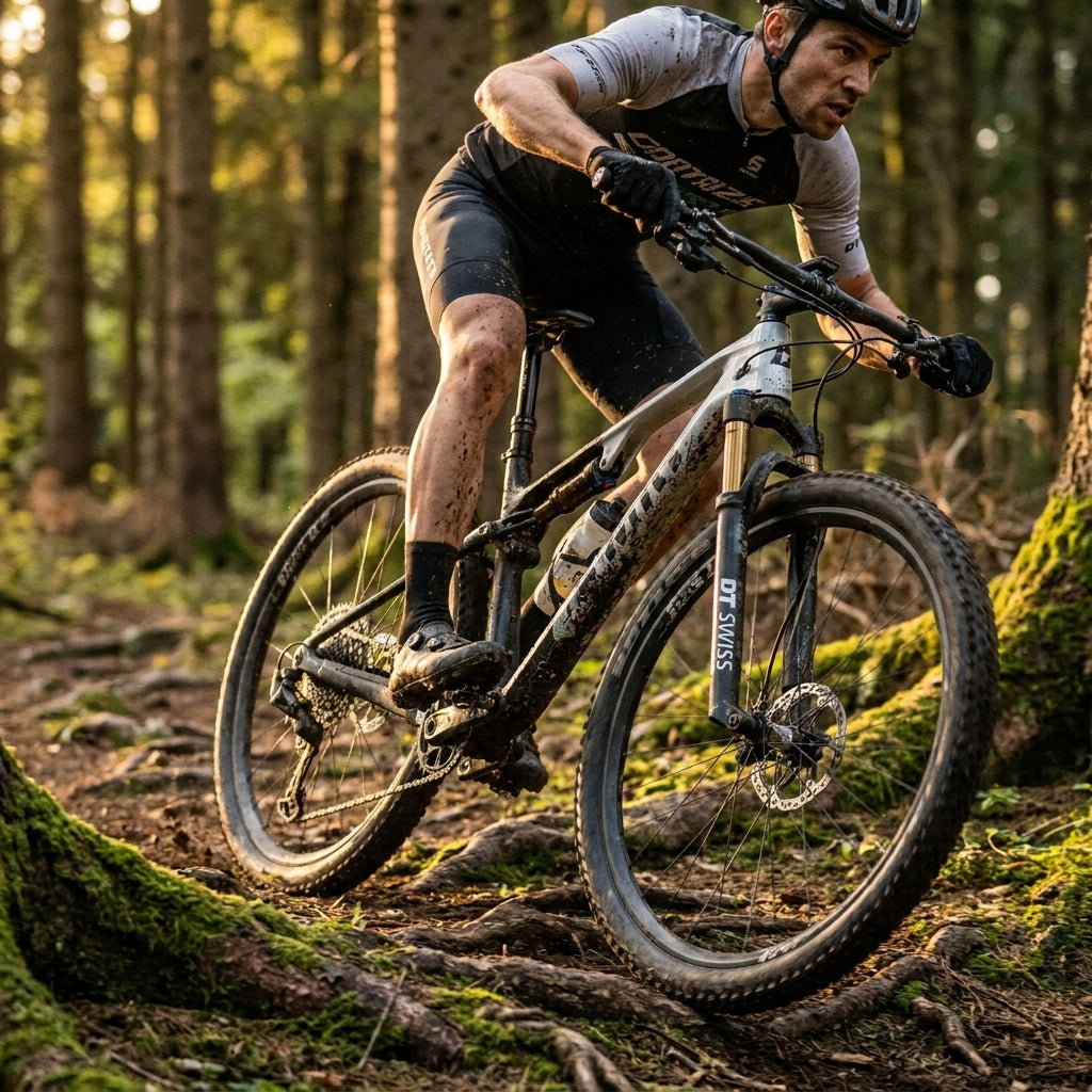 Mountainbiker mit ultraleichter DT Swiss D 232 ONE Vario-Sattelstütze 60 mm Carbon auf Cross Country Trail.