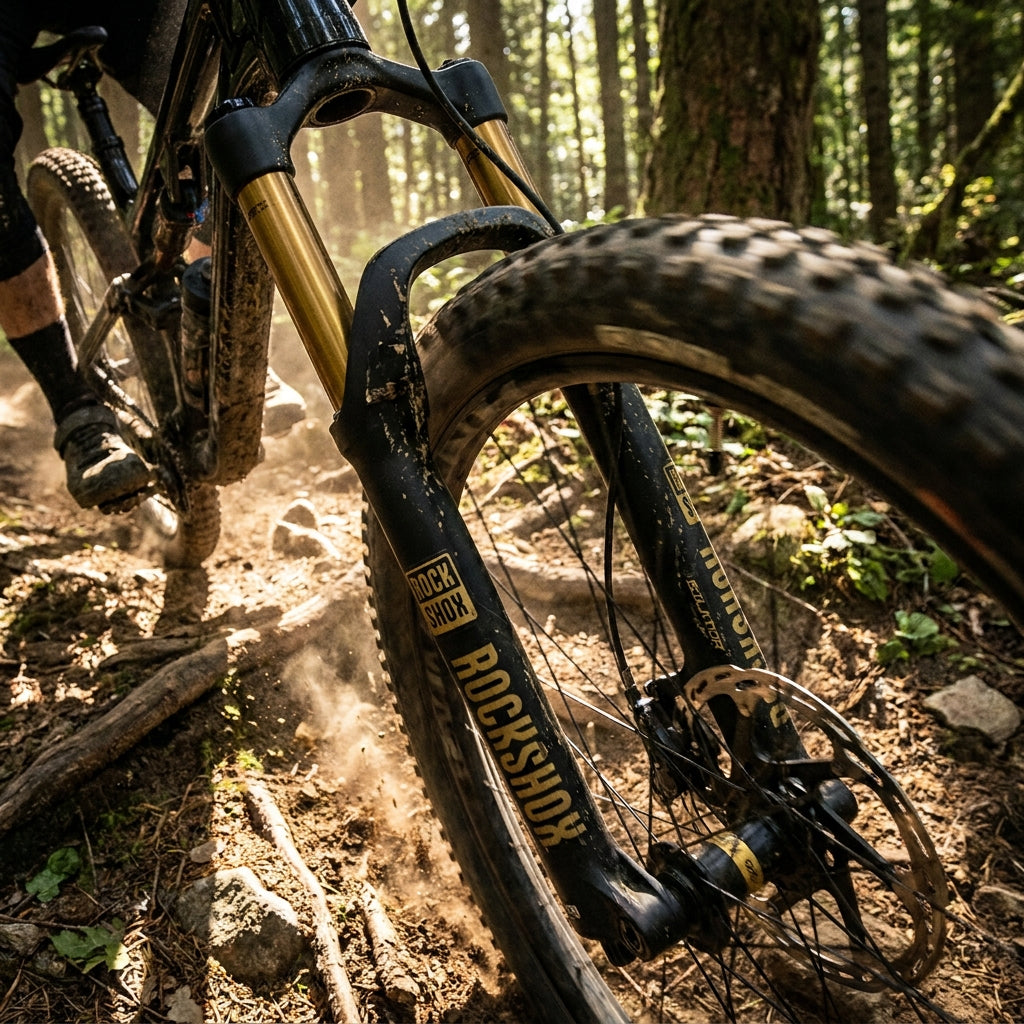 RockShox Psylo Gold Isolator RC 27.5" Boost Federgabel am Mountainbike auf dem Trail. Präzision & Kontrolle für dein Abenteuer.