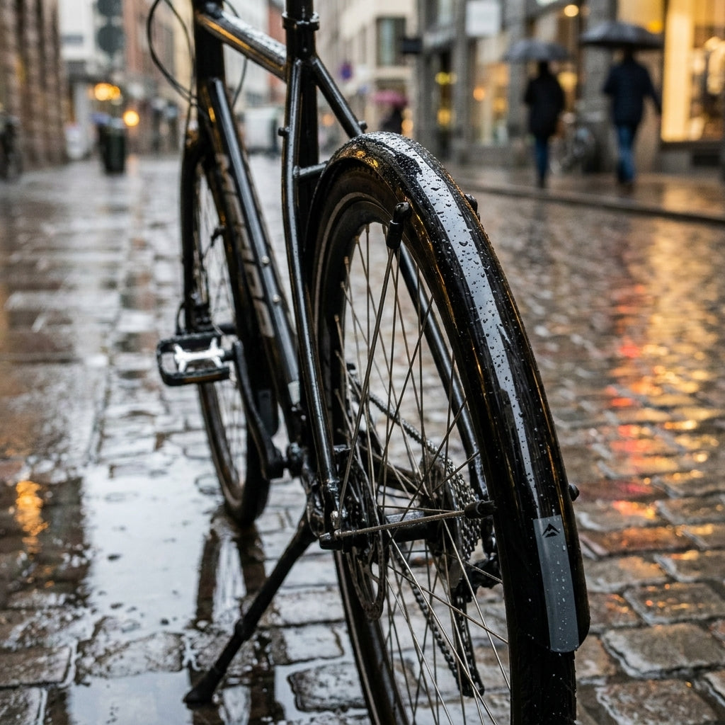 Merida Schutzblech schwarz 28" 50mm mit Wassertropfen am Fahrrad auf regnerischer Kopfsteinpflasterstraße.
