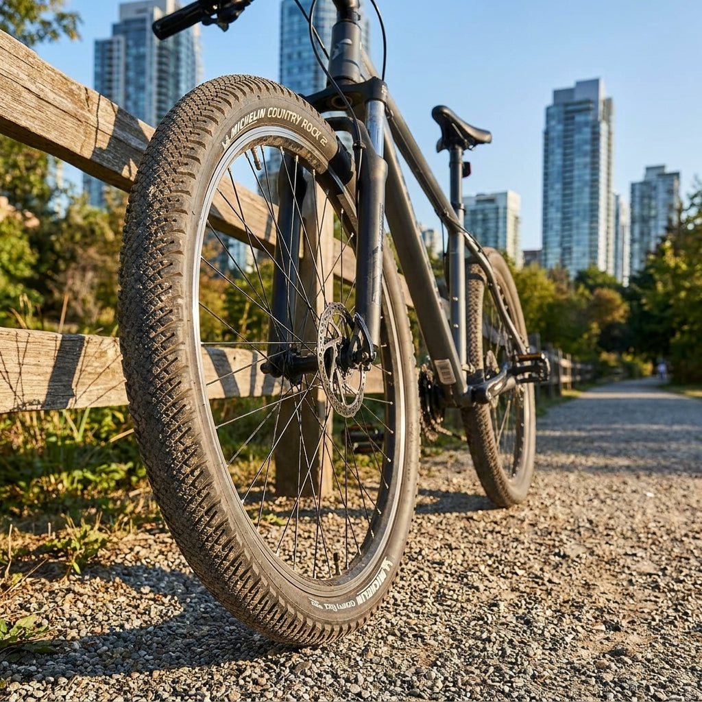 Michelin Reifen Country Rock 27.5x1.75 Zoll schwarz am Fahrrad auf Schotterweg mit Stadtkulisse im Hintergrund.