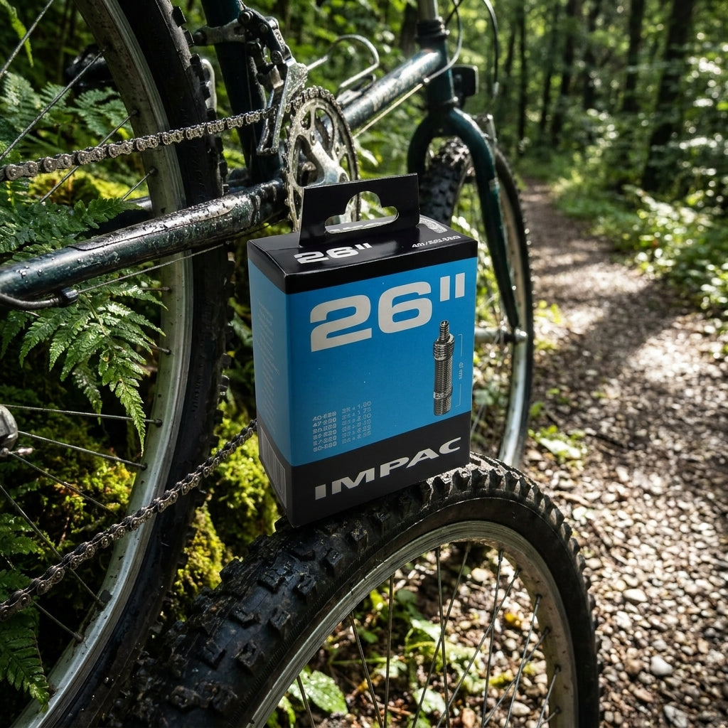 Impac Fahrradschlauch 26 Zoll mit Dunlop-Ventil auf einem Mountainbike im Wald.