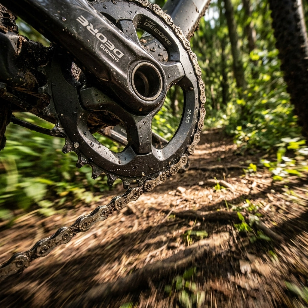 SHIMANO DEORE Kettenblatt 26 Zähne am Mountainbike auf schlammigem Trail. Präziser Antrieb in dynamischer Fahrt.