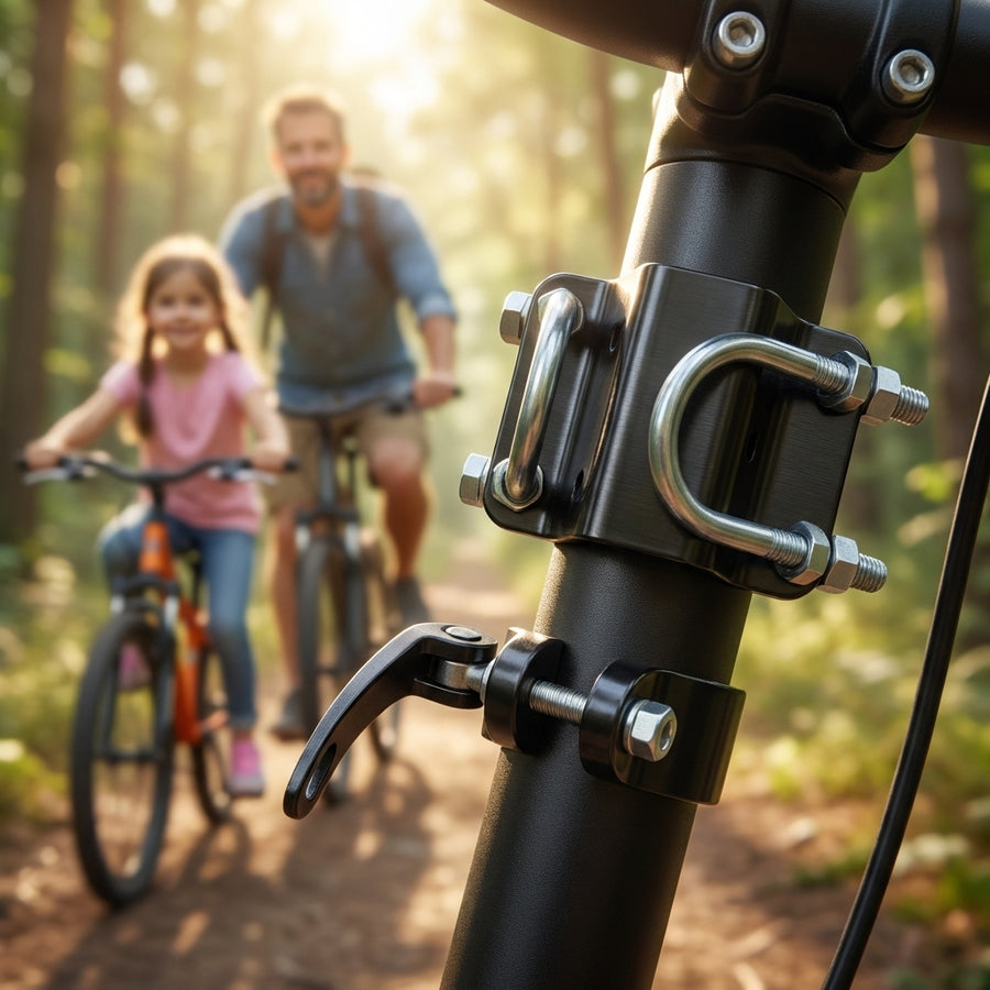 Trail Gator 10230 Ersatz-Adapter-Set für 45mm Steuersatzrohr am Fahrrad, radelnde Familie im Hintergrund.