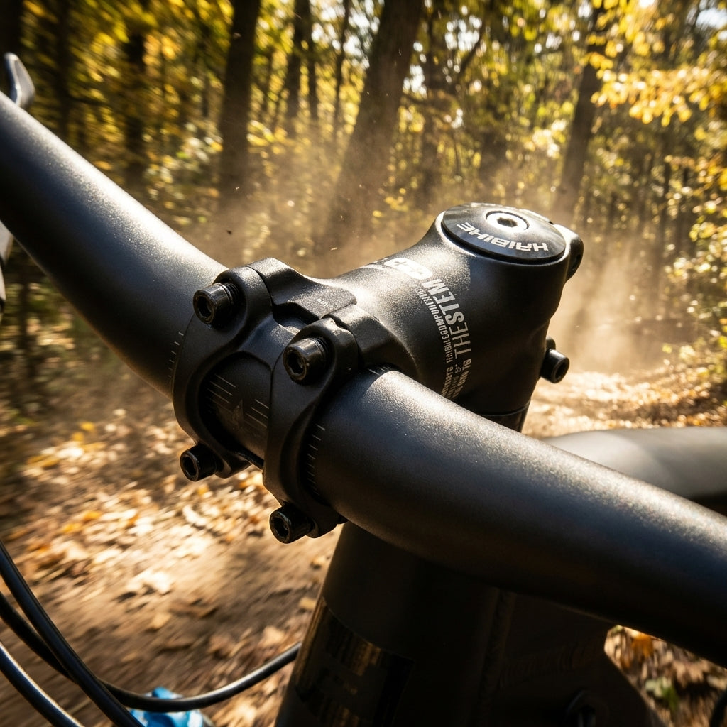Haibike The Stem++ Ahead Vorbau black matt 31,8 mm an Mountainbike auf sonnigem Waldweg mit Herbstlaub.