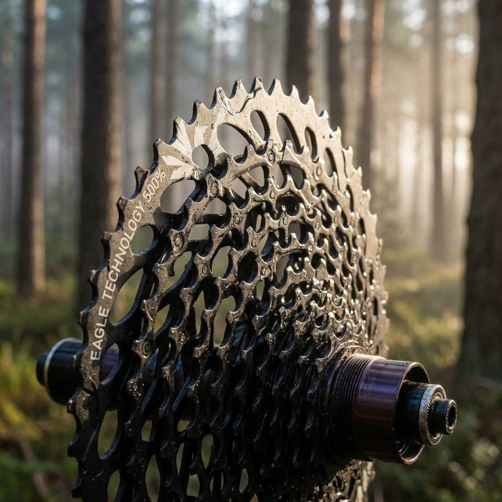 SRAM XG-1275 Eagle Kassette 10-50 Zähne (500%) im nebligen Wald mit Sonnenstrahlen.