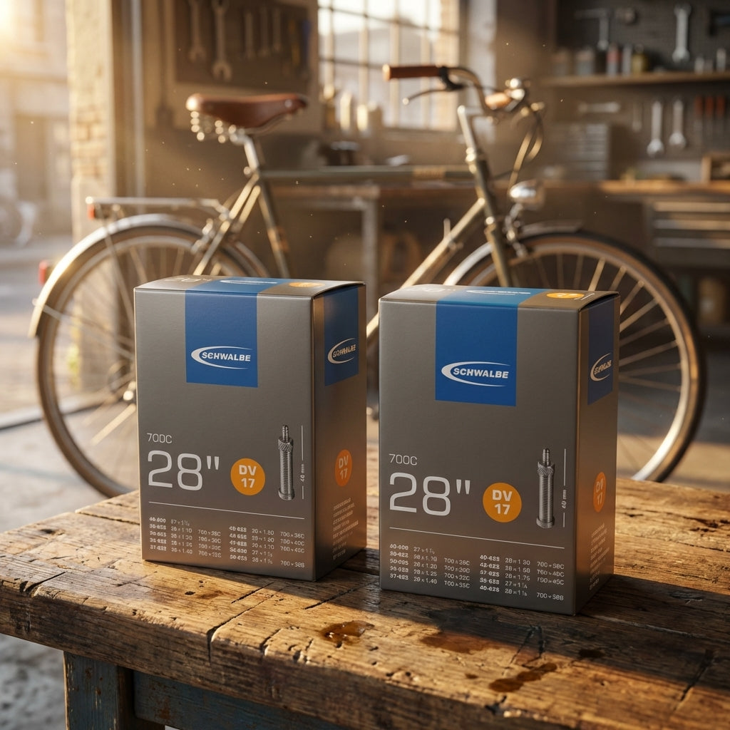 Zwei Packungen Schwalbe DV17 Fahrradschläuche 28 Zoll DV 40mm auf einer Werkbank in einer Werkstatt.
