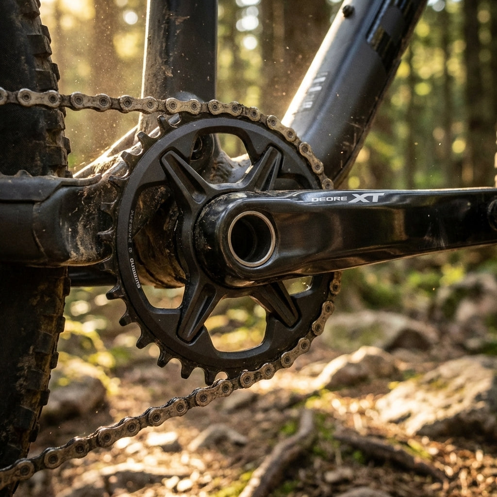 SHIMANO DEORE XT 32 Zähne Kettenblatt am MTB für effizienten Antrieb.