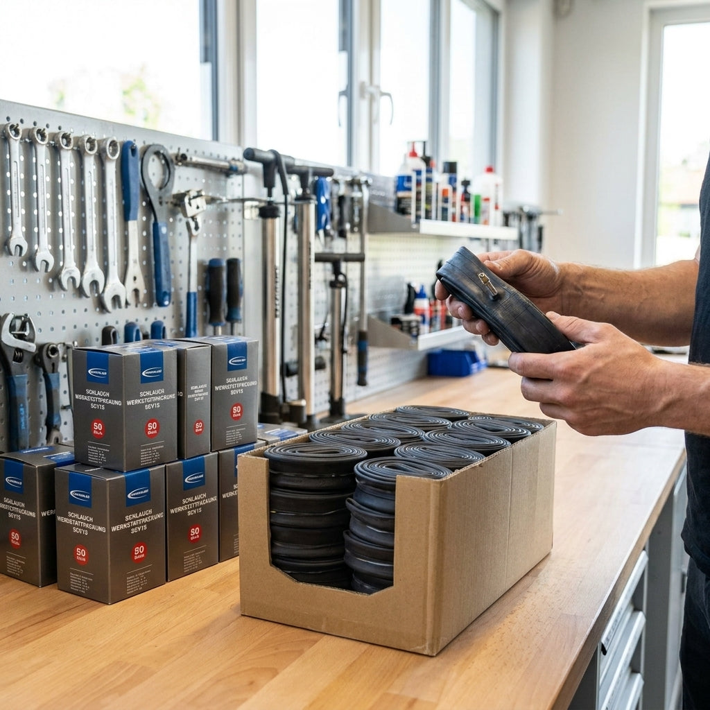 Person hält Schwalbe Schlauch SCV15 28 Zoll, daneben Werkstattpackungen und offene Box voller Schläuche in Werkstatt.