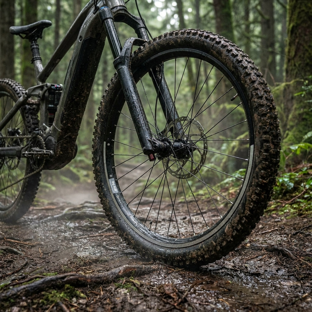 Schlammiges Mountainbike mit schwarzer Ryde BIG BULL 25-559 Felge auf nassem Waldweg im Regenwald.
