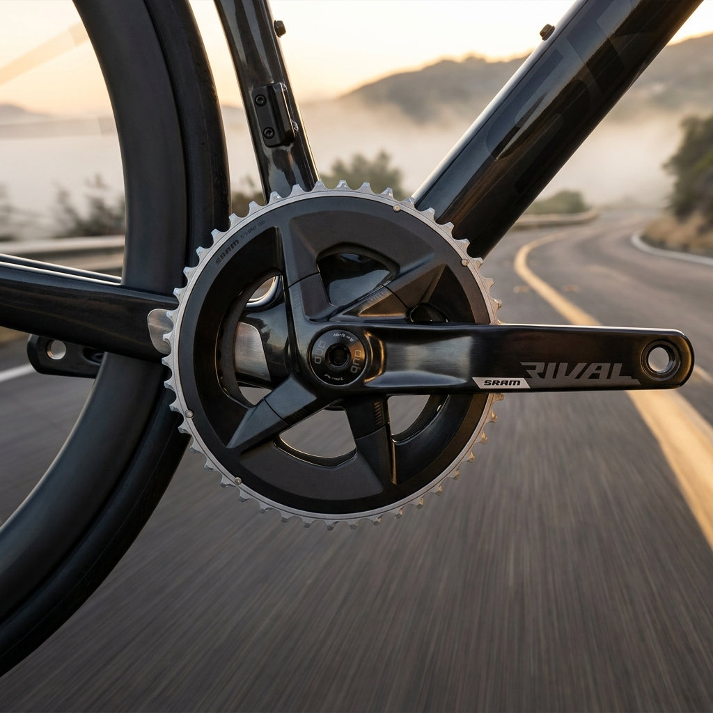 SRAM Rival AXS Powermeter Kurbel 33/46 Z, 12-fach am Fahrrad auf der Straße. Präzise Leistungsmessung.