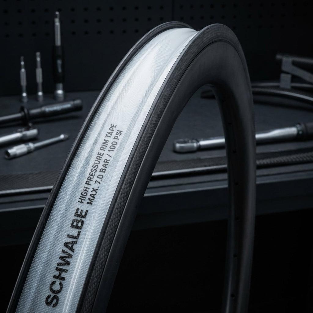 Schwalbe TPU Super HP Felgenband auf Carbon-Fahrradfelge, leicht, hochdruckfest bis 7.0 Bar / 100 PSI.