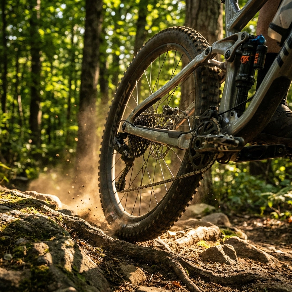 FOX Float Performance Elite Hinterbaudämpfer am Mountainbike in Aktion, Hinterrad wirbelt Staub auf felsigem Waldweg.