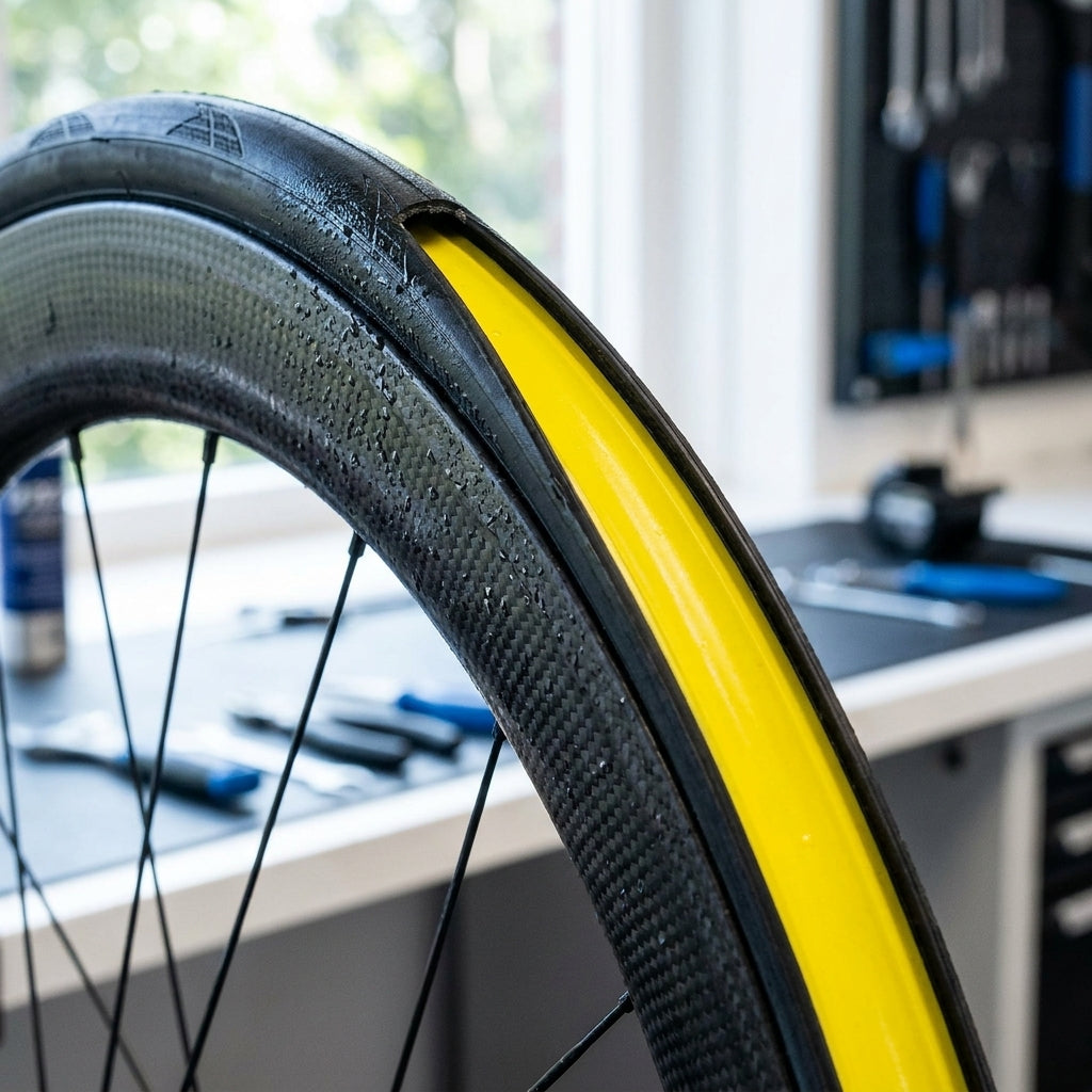 Gelbes BBB Cycling Tubeless Felgenband 25mm auf Carbon-Fahrradfelge für zuverlässige Abdichtung.