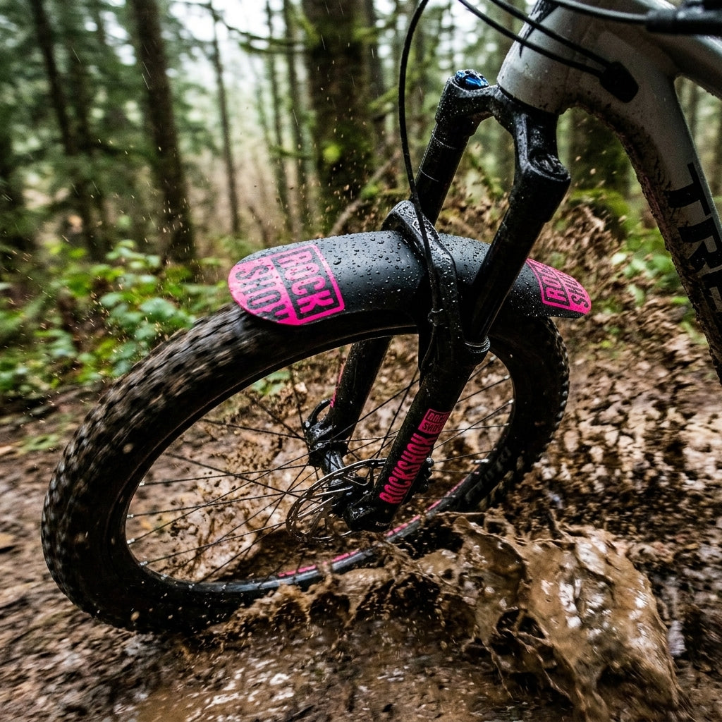 Rockshox MTB Fender schwarz/neon pink Print spritzt durch Schlamm im Wald.