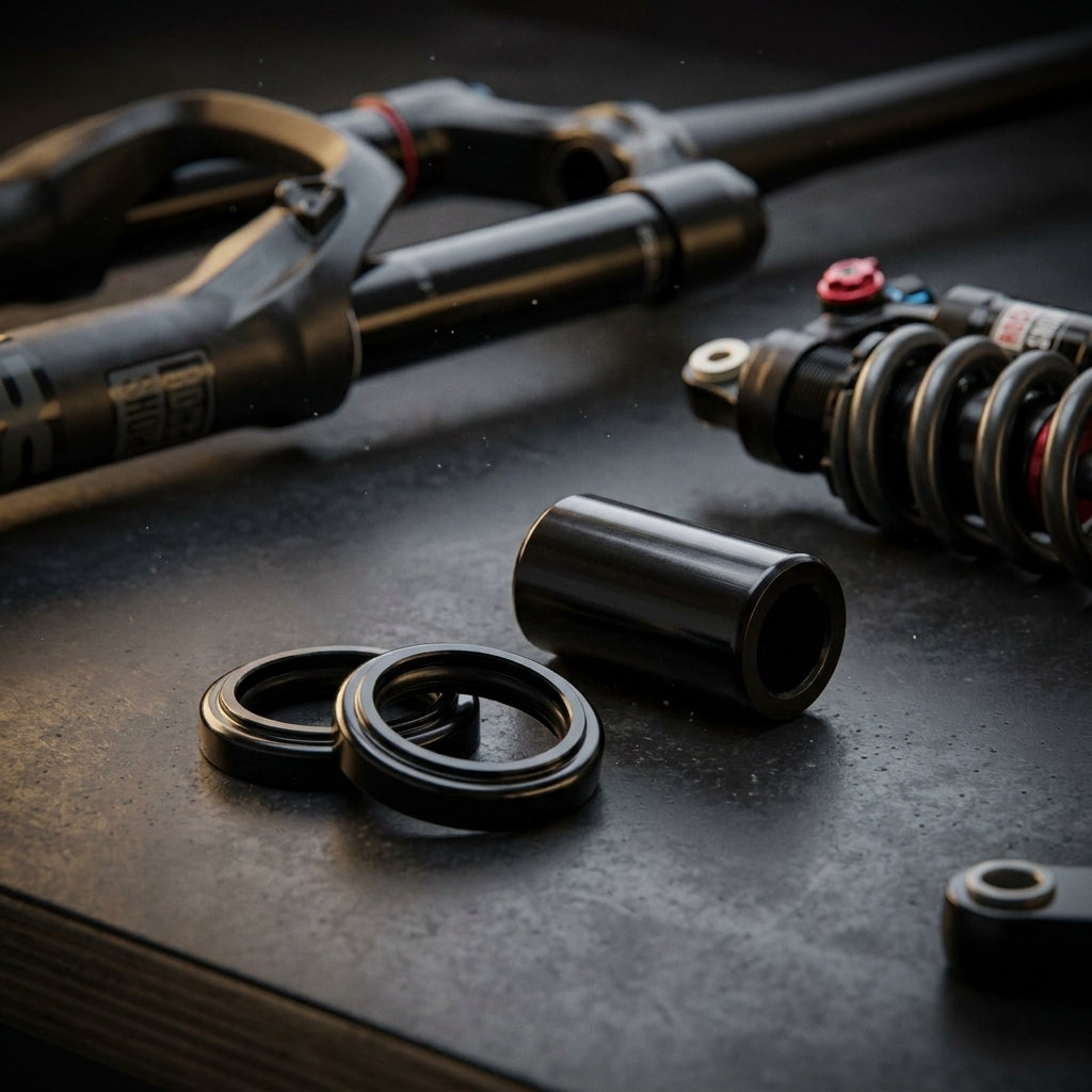 Ruckshox Dämpferbuchsen-Set Metric offset 10x60mm aus Stahl, 3 Teile, auf dunklem Hintergrund.