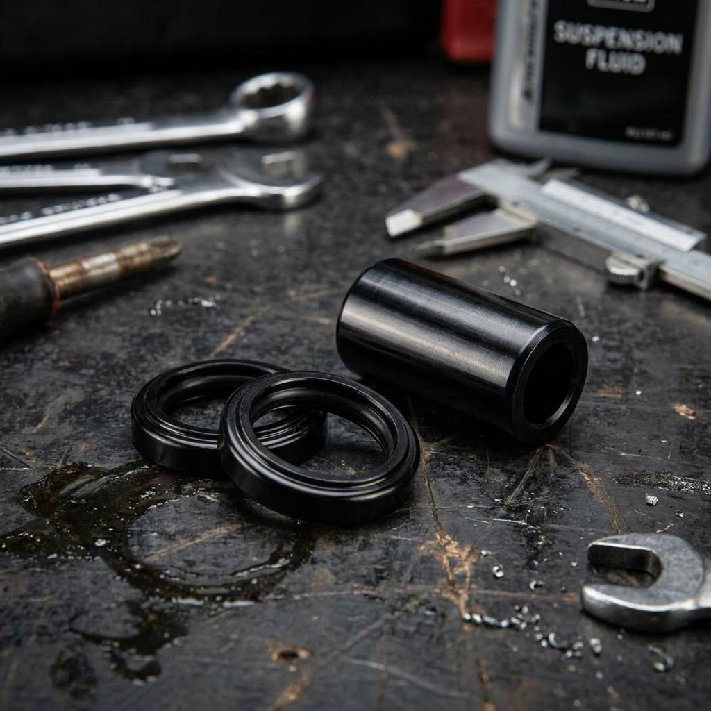 Ruckshox Dämpferbuchsen-Set Metric offset 10x60mm Stahl (3 Teile) mit Werkzeug auf Werkbank.