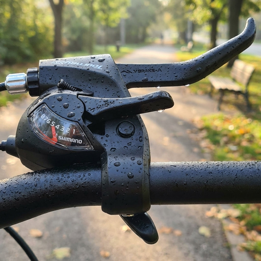 Schwarzer Shimano ST-TX800 8-fach rechts Schalt Bremshebel mit Wassertropfen auf Fahrradlenker.
