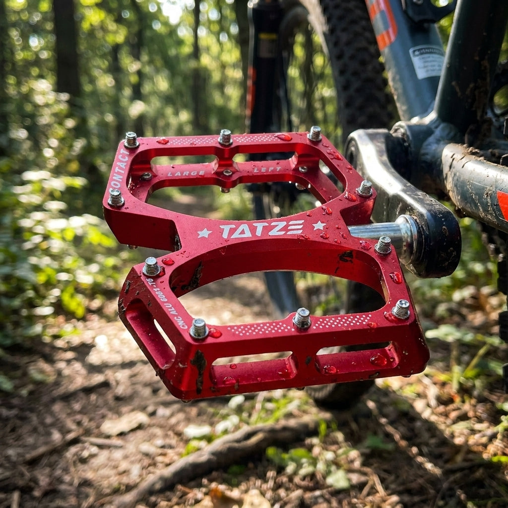 Tatze CONTACT CNC KIDS rote Plattformpedale, 10 Pins je Seite, am Mountainbike im Wald.
