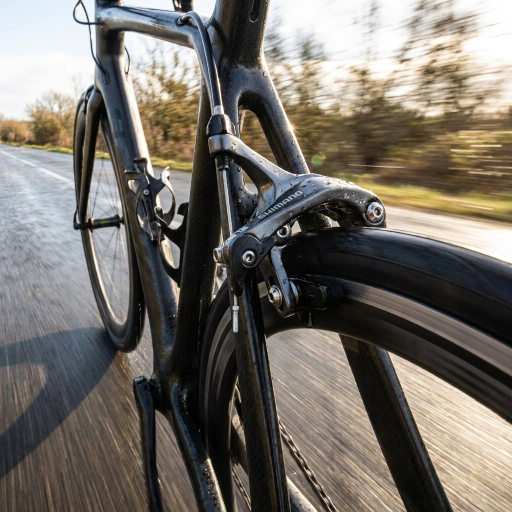 Nasse SHIMANO BR-RS811 HR Rennrad-Felgenbremse in Fahrt am Hinterrad auf regennasser Straße.